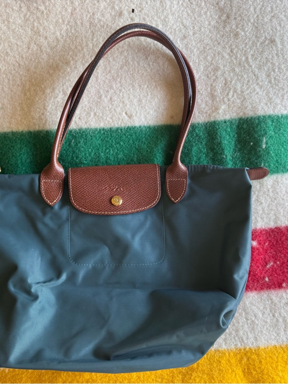 Longchamp Green Nylon Tote with Brown Leather Trim